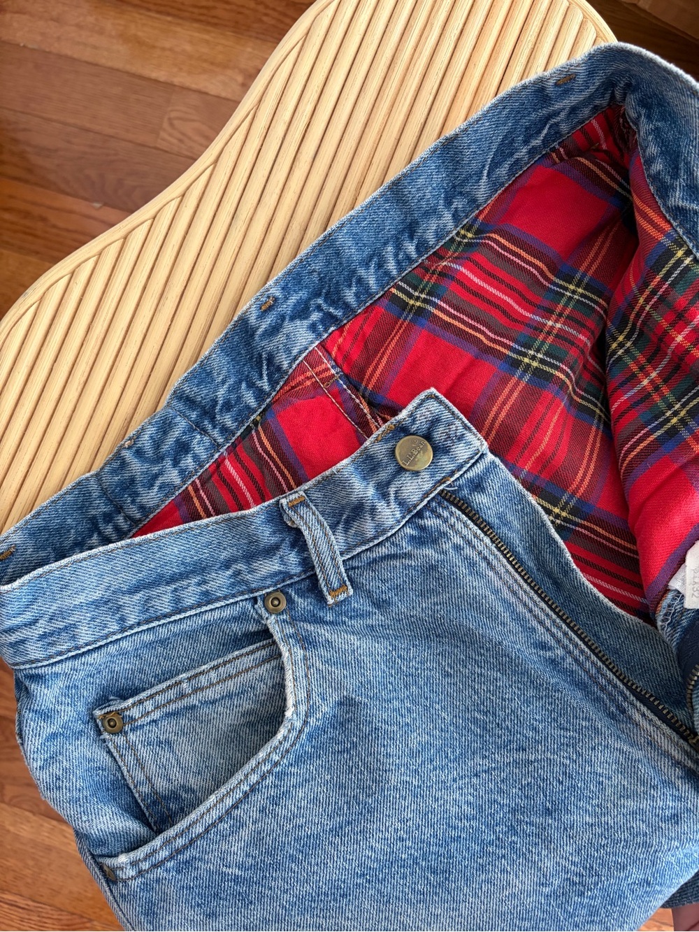 Vintage Perfectly Worn LL Bean Work Jeans with Red Plaid Lining size 31x32